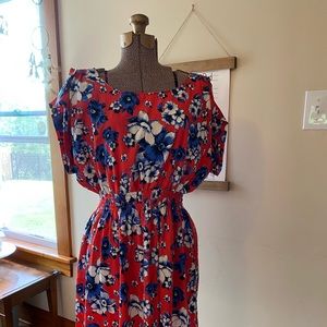 Red Midi Maternity Dress Hawaiian Floral Pattern